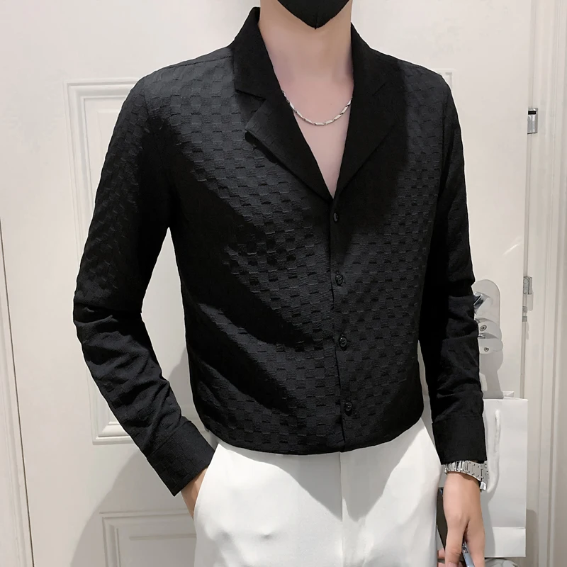 2022 3D Plaid V-neck Shirts for Men Long Sleeve Casual Slim Fit Shirt Social Party Tuxedo Blouse Streetwear Camisas Para Hombre