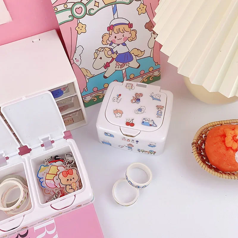Cute Double Compartment Storage Box One-click Pop Plastic Jewellery Stationery Organizer Desktop Press Case