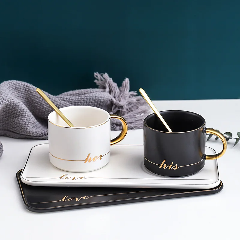 

220ml FSILE Nordic Ins Gold Painted Coffee Cup with Spoon Fashion Simple Ceramic Cup Afternoon Tea Restaurant Dessert Milk Mug