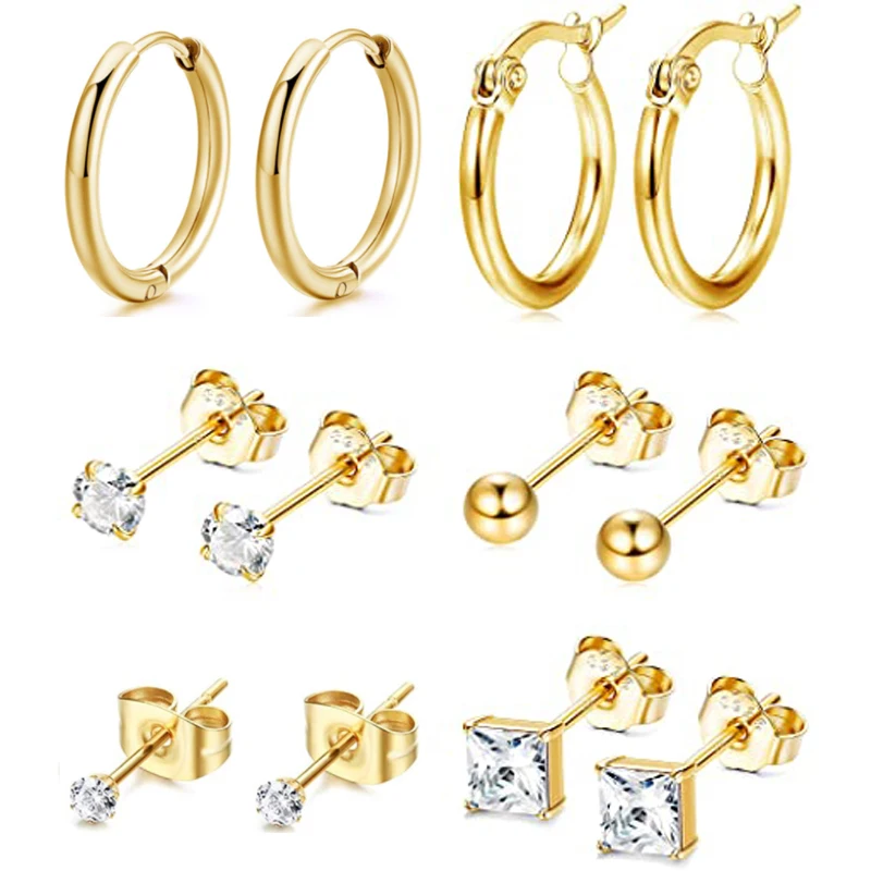 

6 Pairs Stainless Steel Stud Earrings for Men and Women Zircon Ball Stud Earrings Hoop Cartilage Earrings Set Hypoallergenic
