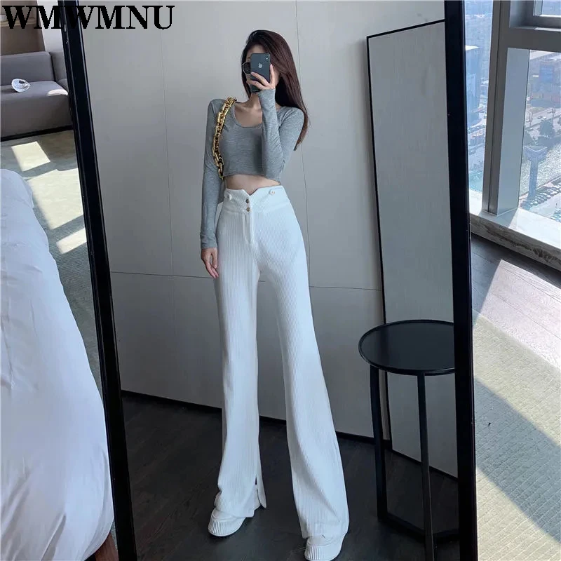 

Women Casual Corduroy Flare Leggings Autumn 2022 Female Elastic Wide Leg Pants High Waist Spring Streetwear Solid Trouser