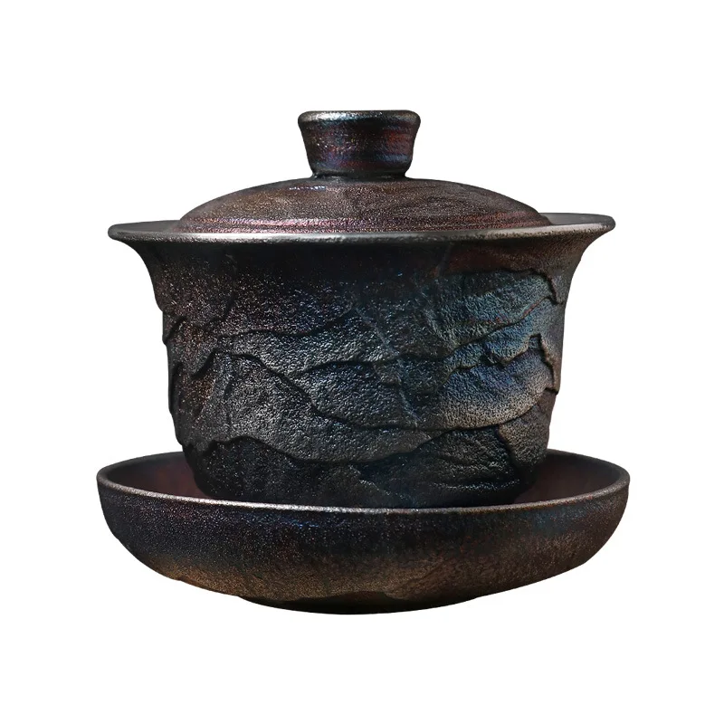 Серебряный чайный набор gilded999San Cai Gaiwan ручной работы с рисунком скалы чашка