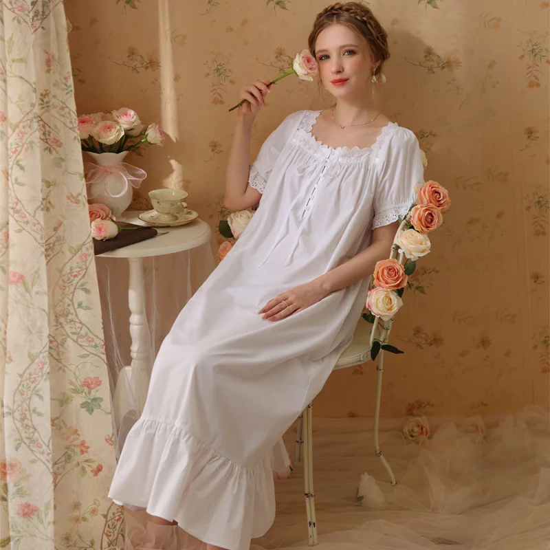 2023 Nightgowns Women Cotton Lace Short Sleeve Nightdress Princess Vintage Retro Sleepshirt Sleepdress Summer Nightwear Pajamas