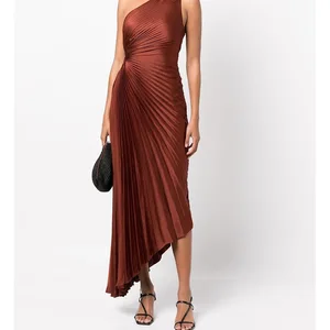 Imported With Label ALC** Summer/Autumn Women Dress Polyester Asymmetry One-Shoulder Brown Hole Ankle-Length 