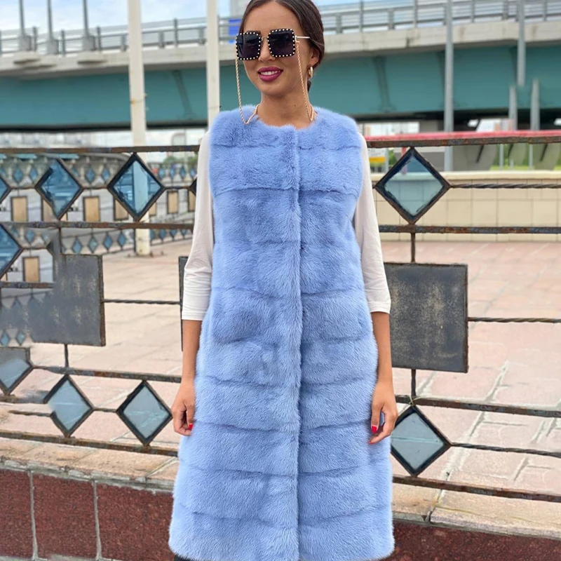 Sleeveless Light Blue Mink Fur Vest Long Style Women Luxury Cozy Genuine Mink Fur Outertwear Lady Autumn Winter Jacket Female