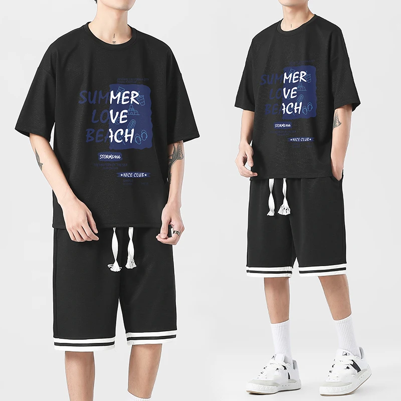 2023 Summer New Embroidered Silky Waffle Big Blue Block  Short Sleeve Casual Sports Suit Men's Fashion Ventilate Two Piece Set