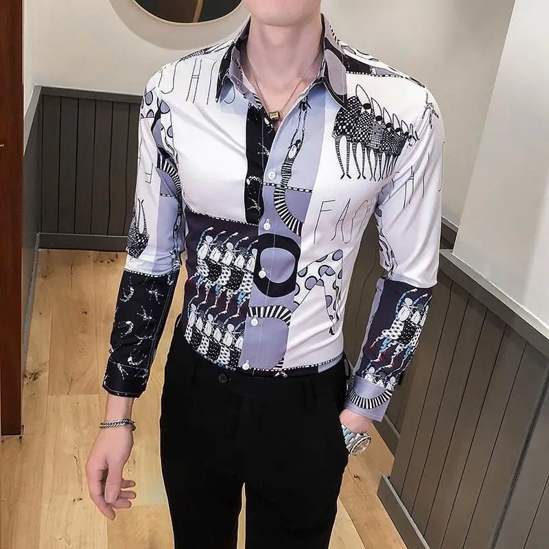 Fashion autumn fashion printed men's shirt Korean version of long sleeve handsome personality slim British casual shirt