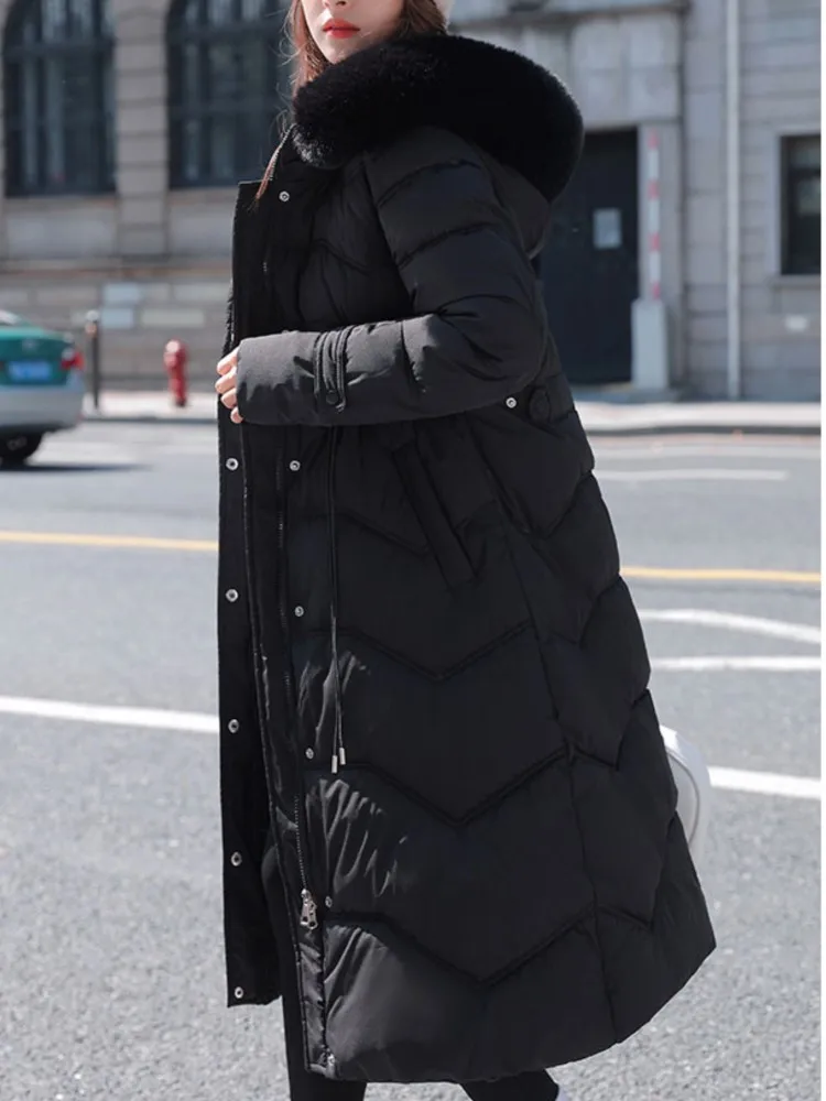 Women's Winter Fashion Fur Collar Cotton-Padded Long Jacket Female Chic Drawstring Zipper Up Outwear Blue Quilted Warm Overcoat
