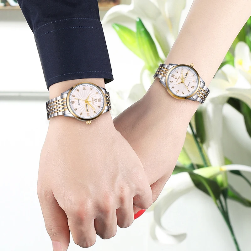 New CHENXI Couple Watch Free Shipping Women And Man Stainless Steel Week Calendar Quartz Wristwatch Business His Hers Watch Sets