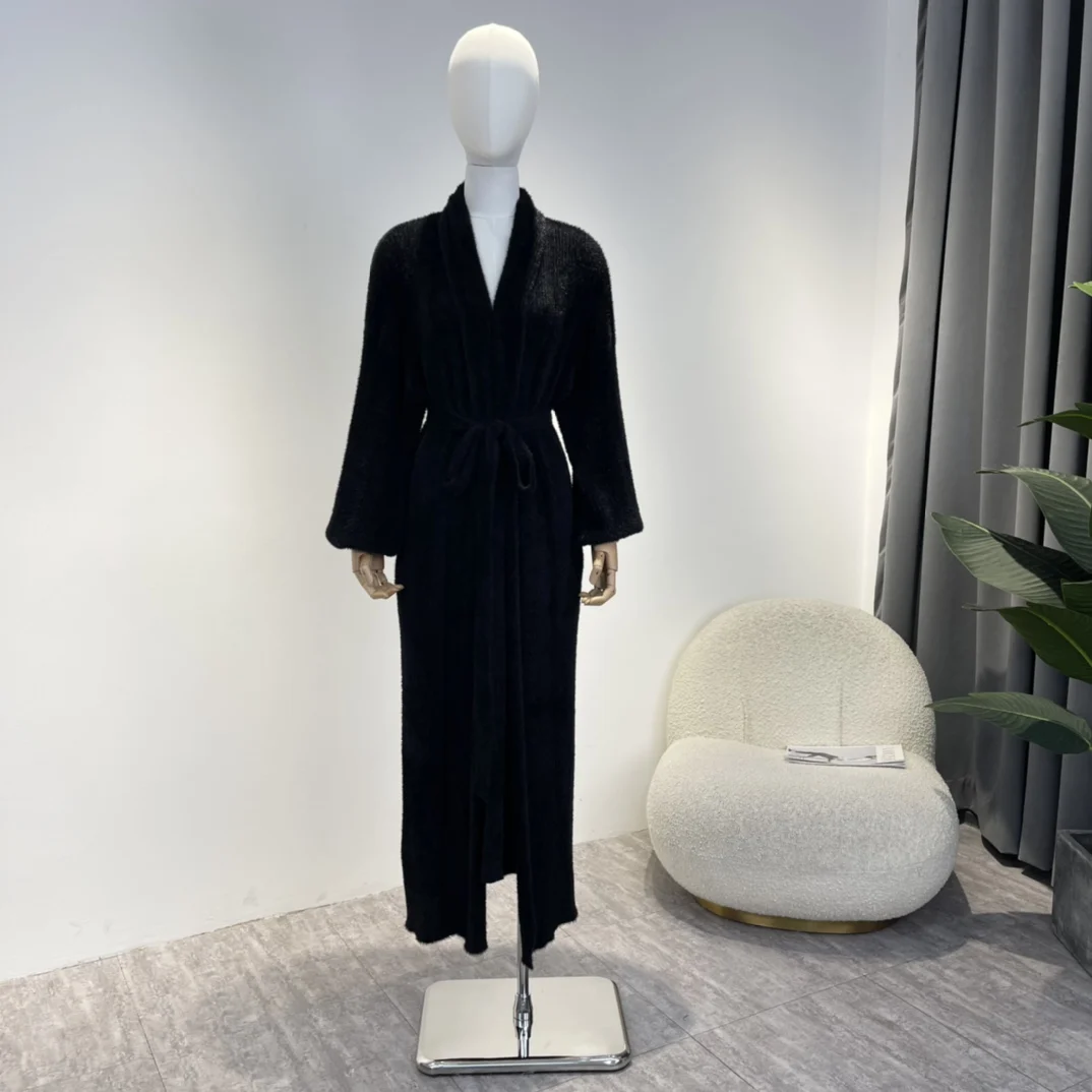 

2022 Latest Top Quality Autumn Winter Solid White Black Lace-up Fake Mink Long Sleeve Warm Wrap Dress Lady Clothes