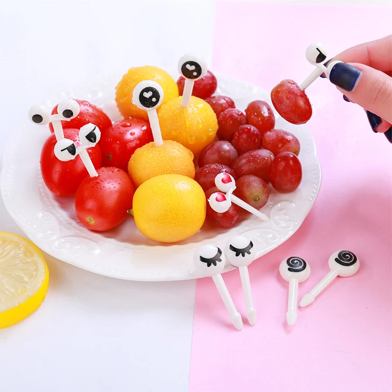 10Pcs Mini Skewers Cute Cartoon Eyes Fork Sticks Buffet Sandwich Kawaii Lunch Bento Box Food Fruit SticksToppers Decor
