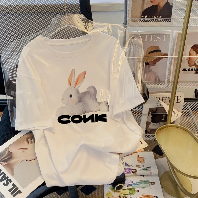 

2023 Summer Cotton Rabbit Print Short Sleeve T-shirt Women's Casual Loose Korean Version Ins Lazy Style Sweet Cool Niche Top