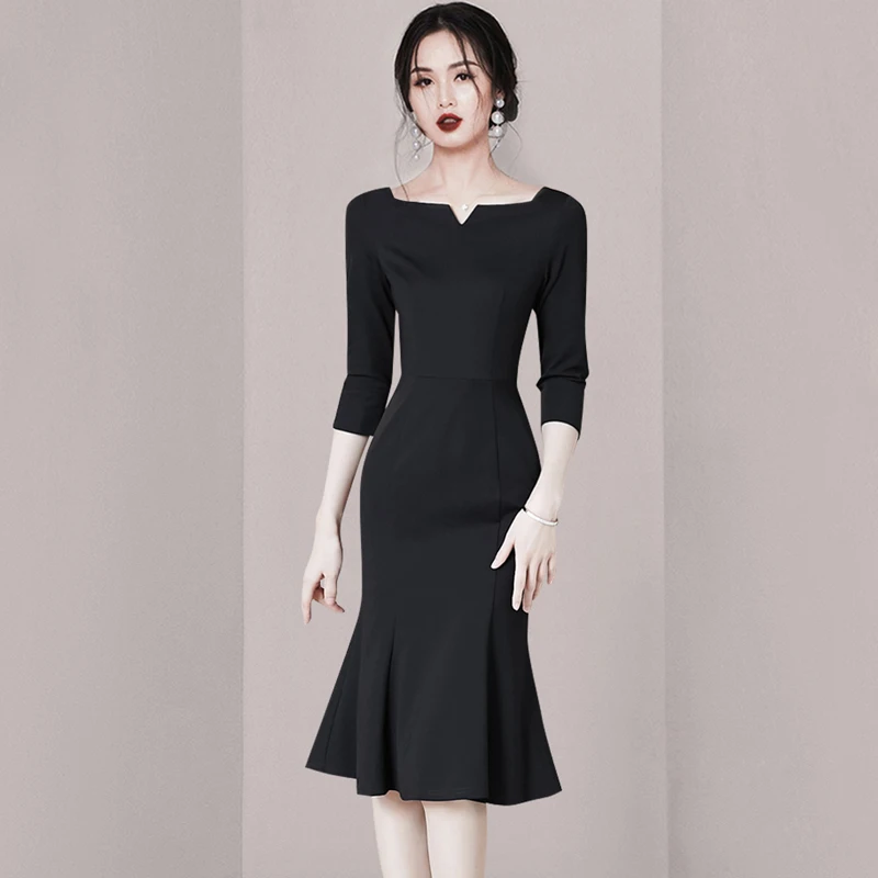 

JSXDHK корейское шикарное модное женское офисное платье, новинка 2022, весенние черные сексуальные облегающие Женские платья-русалки с V-образным вырезом и оборками