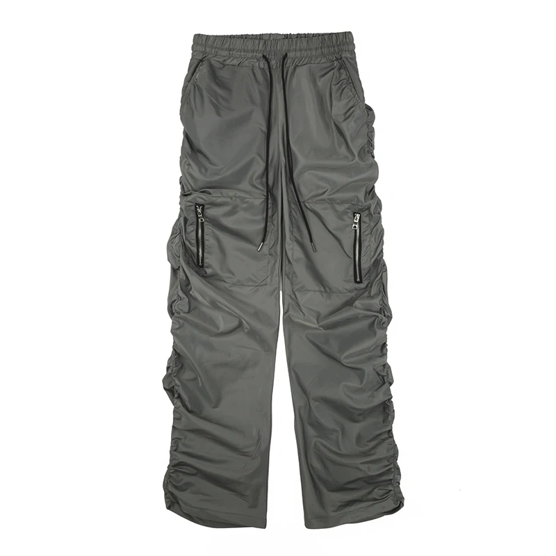 

High Street Multi-pockets Ruched Solid Color Mens Cargos Retro Pleated Straight Casual Loose Drawstring Baggy Trousers