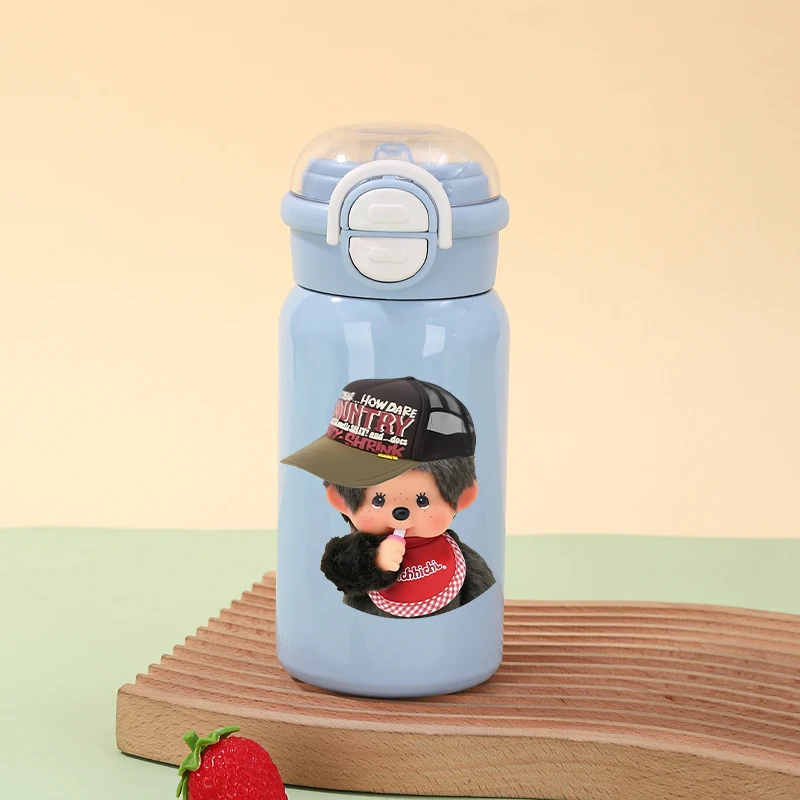 Фото Милая термокружка Monchhichi для девочек, школьная бутылка для воды с соломинкой, женская офисная кофейная кружка, детский зимний уличный термос, подарок для детей №4