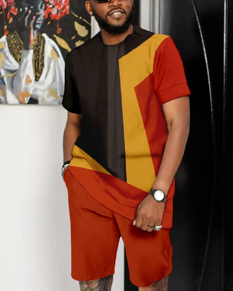 Summer Men T-shirts+Short Pants 2 Piece Sets Geometric Pattern Fashion Beach Tracksuit Short Sleeve Outdoor Casual Man Clothing