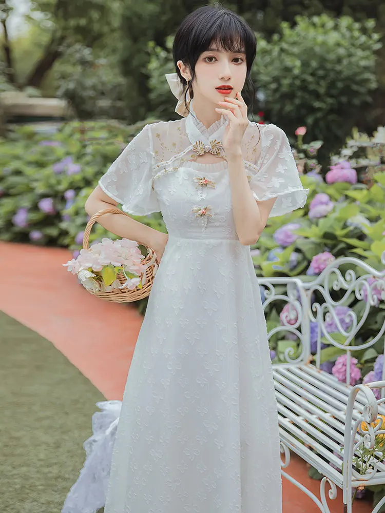 

Новинка, летнее женское платье в китайском стиле ретро, улучшенное темпераментное платье Ципао, белое шифоновое длинное платье