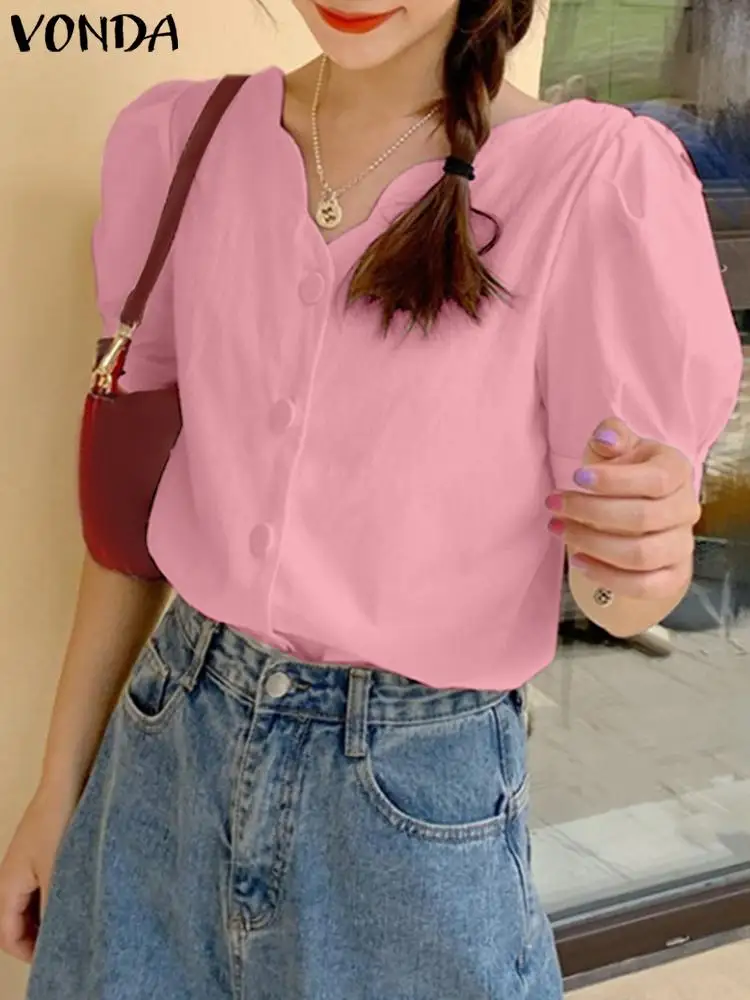 

Women Shirts Summer Tops VONDA 2023 Fashion Casual Solid Color Sexy V Neck Short Sleeve Blouses Elegant OL Style Office Blusas