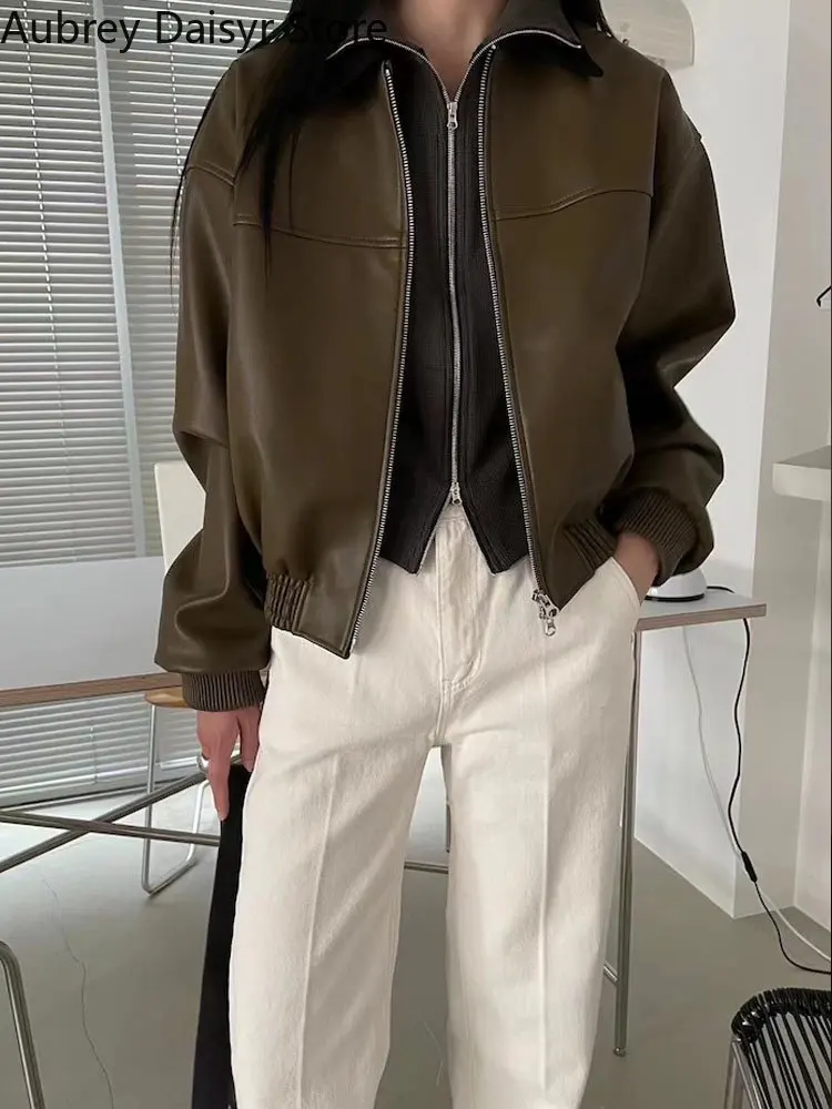 Korean Fashion Elegant Leather Jacket Women Vintage Streetwear Thin Moto Biker Zipper Jacket Winter Chic Y2k Cropped Pu Coats