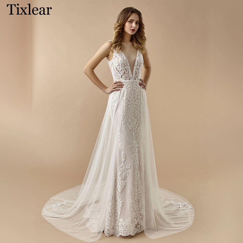 

Женское свадебное платье-трапеция TIXLEAR, облегающее кружевное платье со шлейфом, V-образным вырезом, без рукавов, на заказ