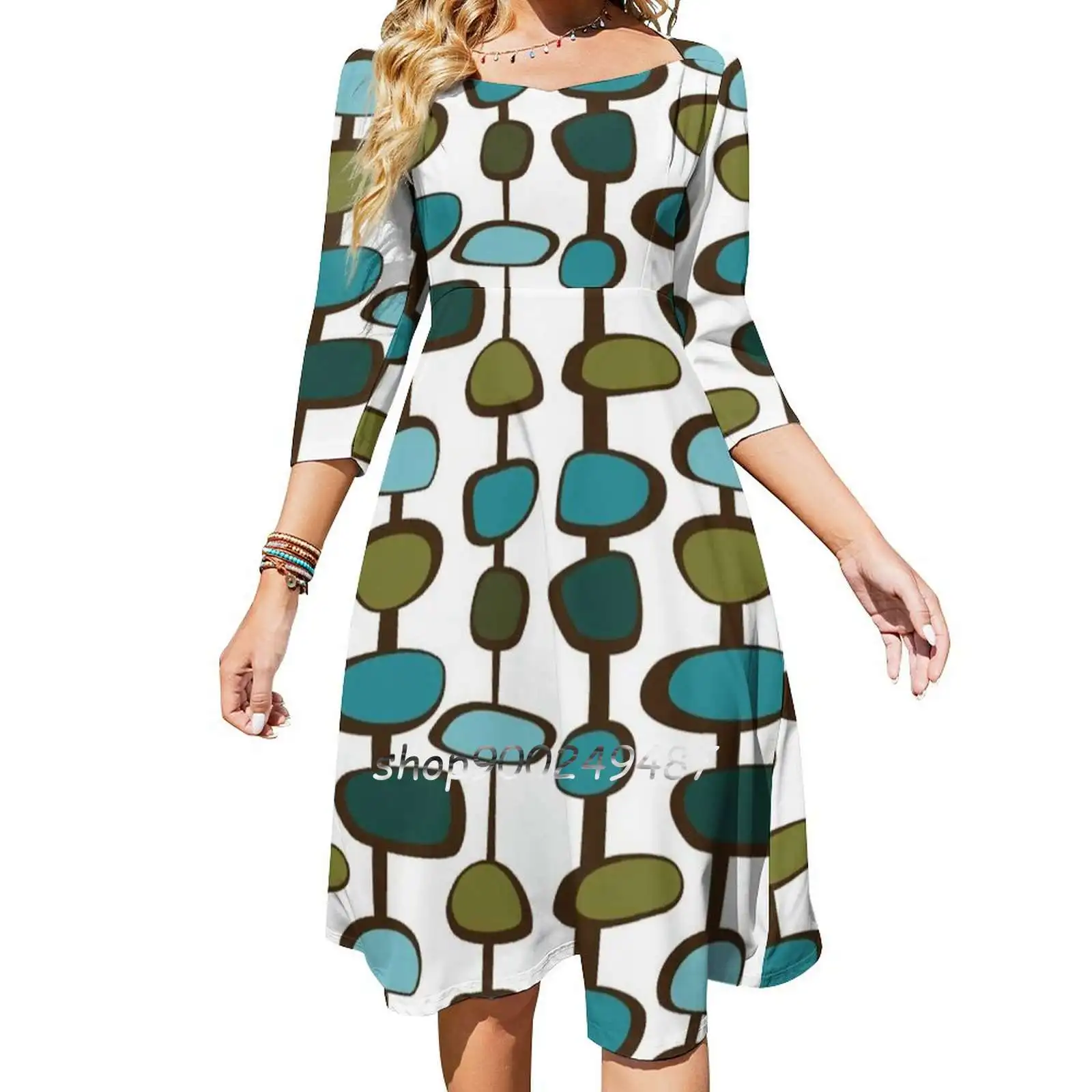 

Современное милое летнее платье среднего века с квадратным вырезом, элегантное женское платье с лямкой на шее и принтом в стиле ретро, винта...