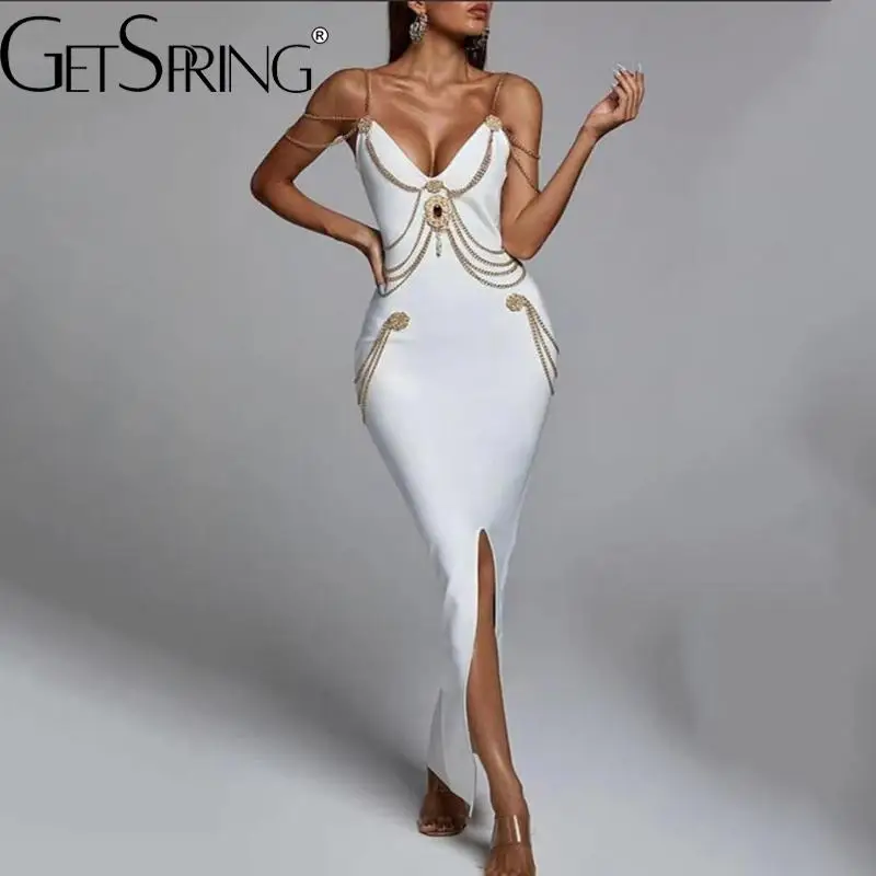 

Getspring Women Dresse Patchwork V-neck Long Sexy Party Dresses Sleeveless Split White Black Red Long Vintage Dresses 2022 New
