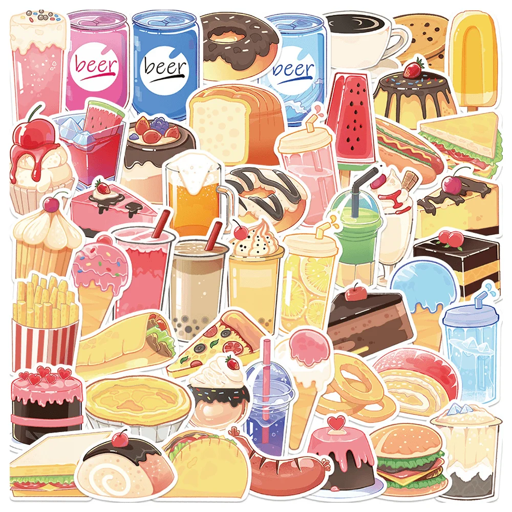 

50pcs Hand-painted Food Drinks Stickers For Stationery Scrapbook Car Guitar Scrapbooking Material Gourmet Sticker Craft Supplies