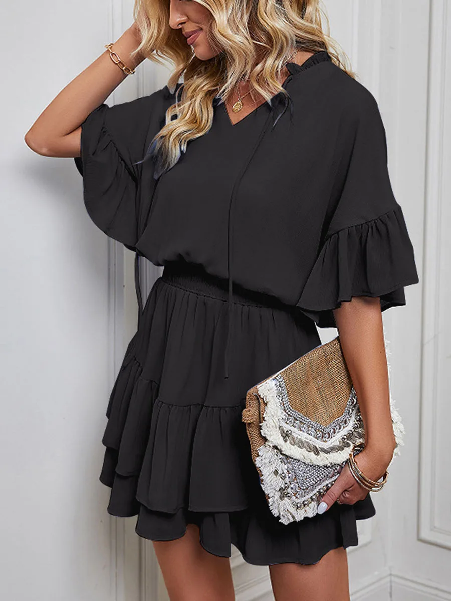 

Elegant V-Neck Ruffle Romper Dress with Built-In Shorts and Elastic Waist - Short Sleeve Layered A-Line Flowy Dress for