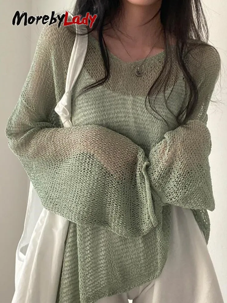

Morebylady Summer Knit Thin T Shirt Women Long Sleeve Tee Tops See Though Korean Style Tshirts Loose Streetwear Tops Beach Wear