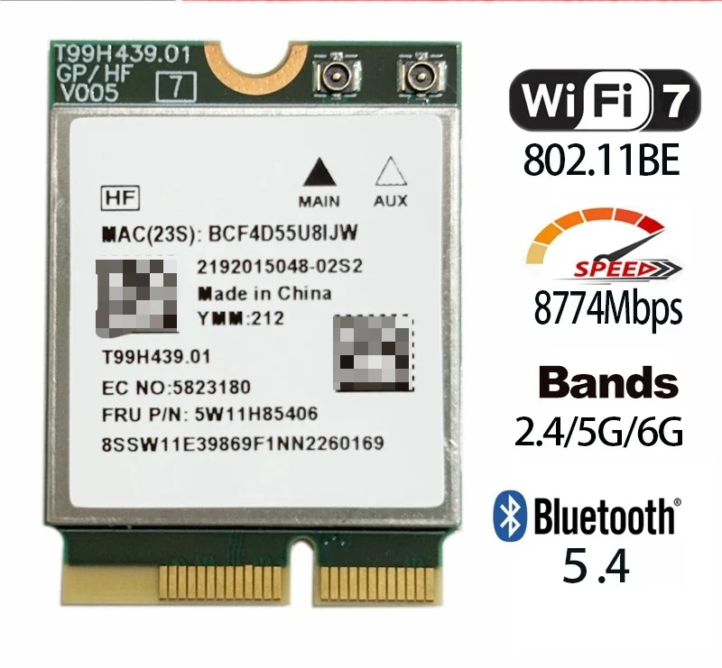 Фото 2026 MediaTek MT7927 Filogic 380 Wi‑Fi 7 802.11BE Трехдиапазонная карта Wi-Fi 2.4G/5G/6G 8774 Мбит/с Bluetooth 5.4 M.2 PCIe №1