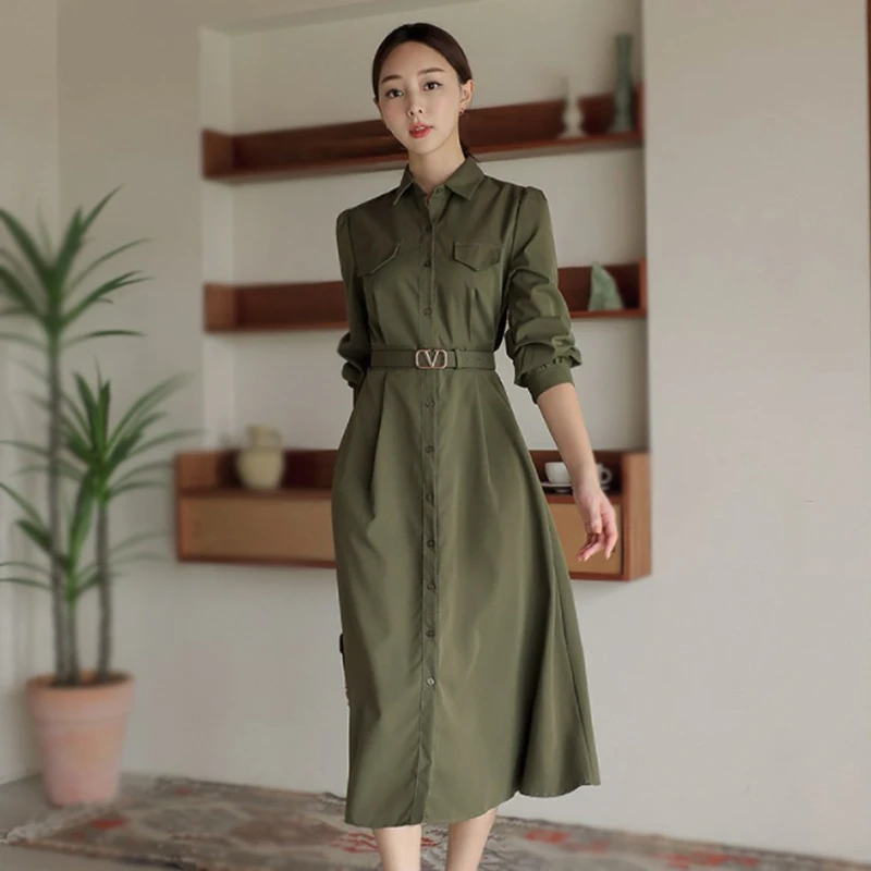 

Однотонное платье-рубашка с длинным рукавом, женские однобортные платья с поясом, платья с отложным воротником