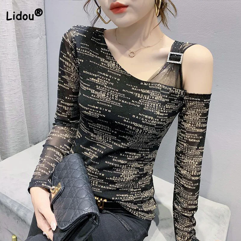 

Off Shoulder Letter Printing T-Shirt Women's Sexy Oblique Shoulder Lace Long Sleeve Skinny Top Spring Autumn Women's Clothing