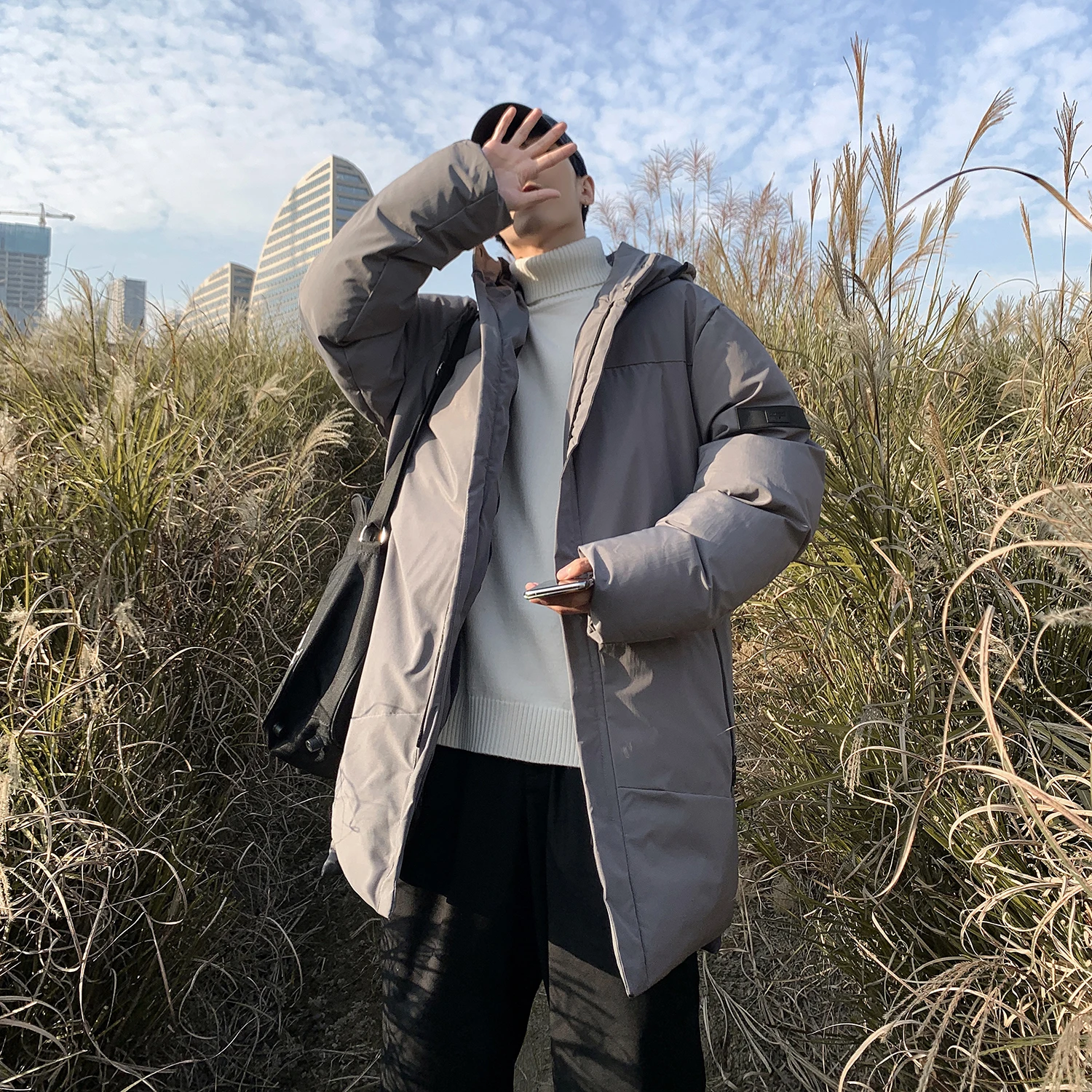 Mens Winter Cotton Padded Hooded Long Thicken Parkas Warm Solid Color Large Size Jackets Outwear