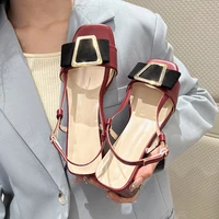 square toe hollow high heels middle heel sling sandals metal square buckle patent leather red wedding shoes ladies high heels