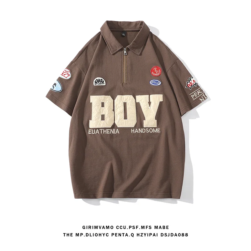 

Summer Men's Oversized Polo Shirt Cotton Turn Down Zipper Harajuku Tees Vintage Embroidery Polo Shirts Short Sleeve Casual Tops