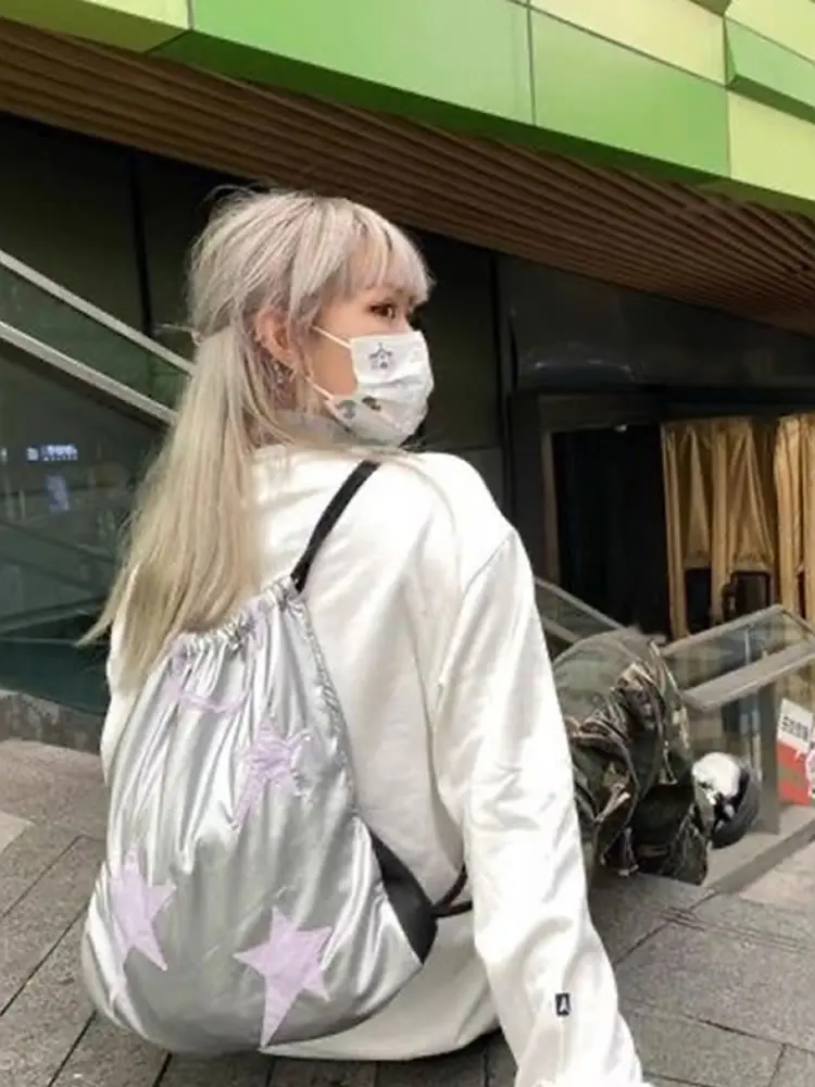 Y2K Korean Fashion Casual Book Bag Star Backpack Student Bags Schoolbag Kids Travel Girls Ladies Drawstring Backpacks for Women