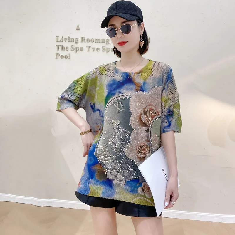 

Oversized T-shirt Women Summer 2022 Fashion O-Neck Hollow Out Print Short Sleeve Loose Knit Top Y2K Clothes