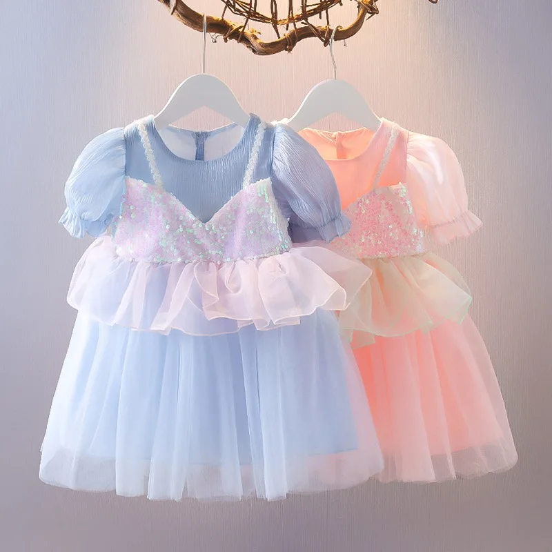 

Летнее платье принцессы с блестками для маленьких девочек, пышная юбка с коротким рукавом и круглым вырезом, кружевное платье