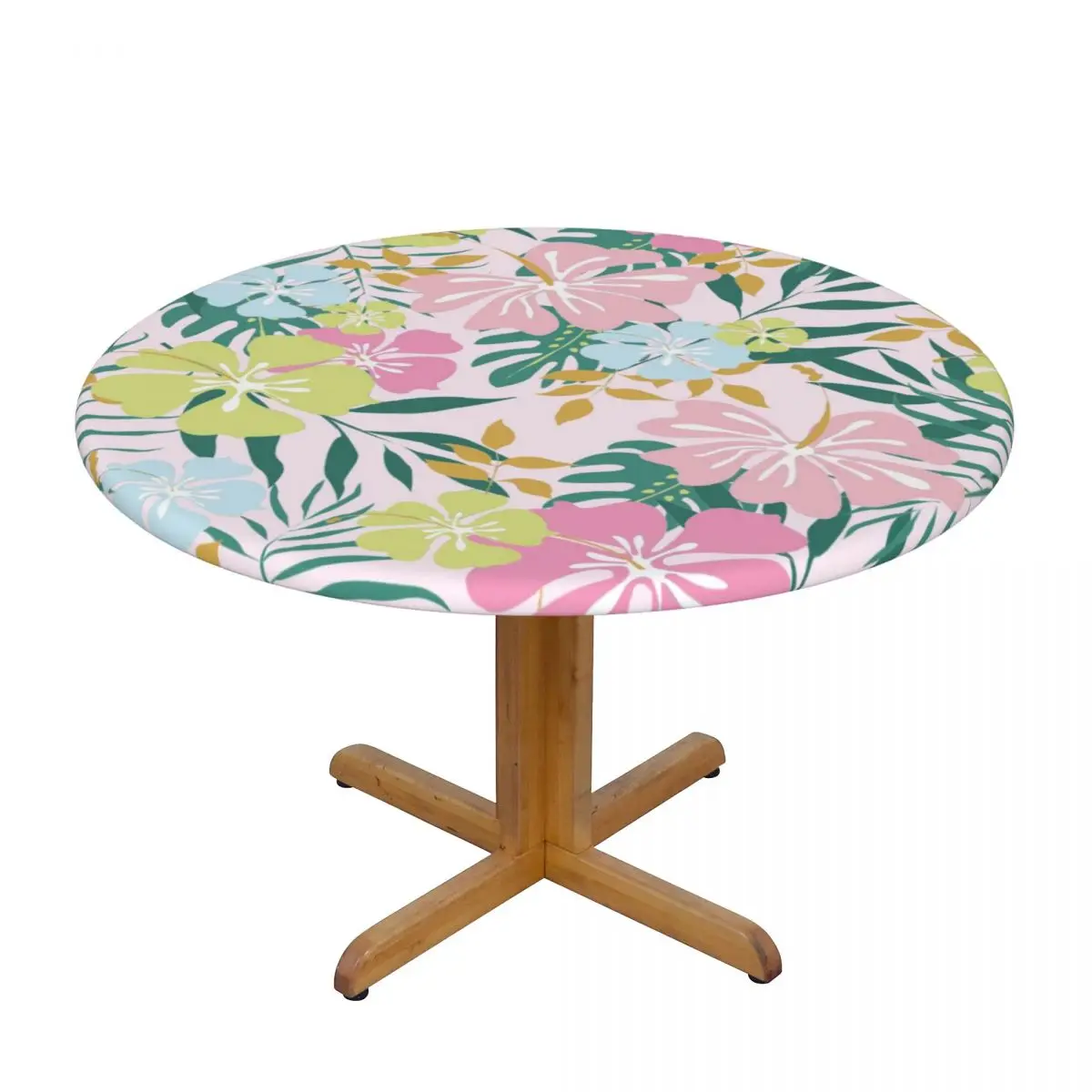 

Hawaiian Flowers And Palms Leafes Waterproof Polyester Round Tablecloth Catering Fitted Table Cover with Elastic Edged