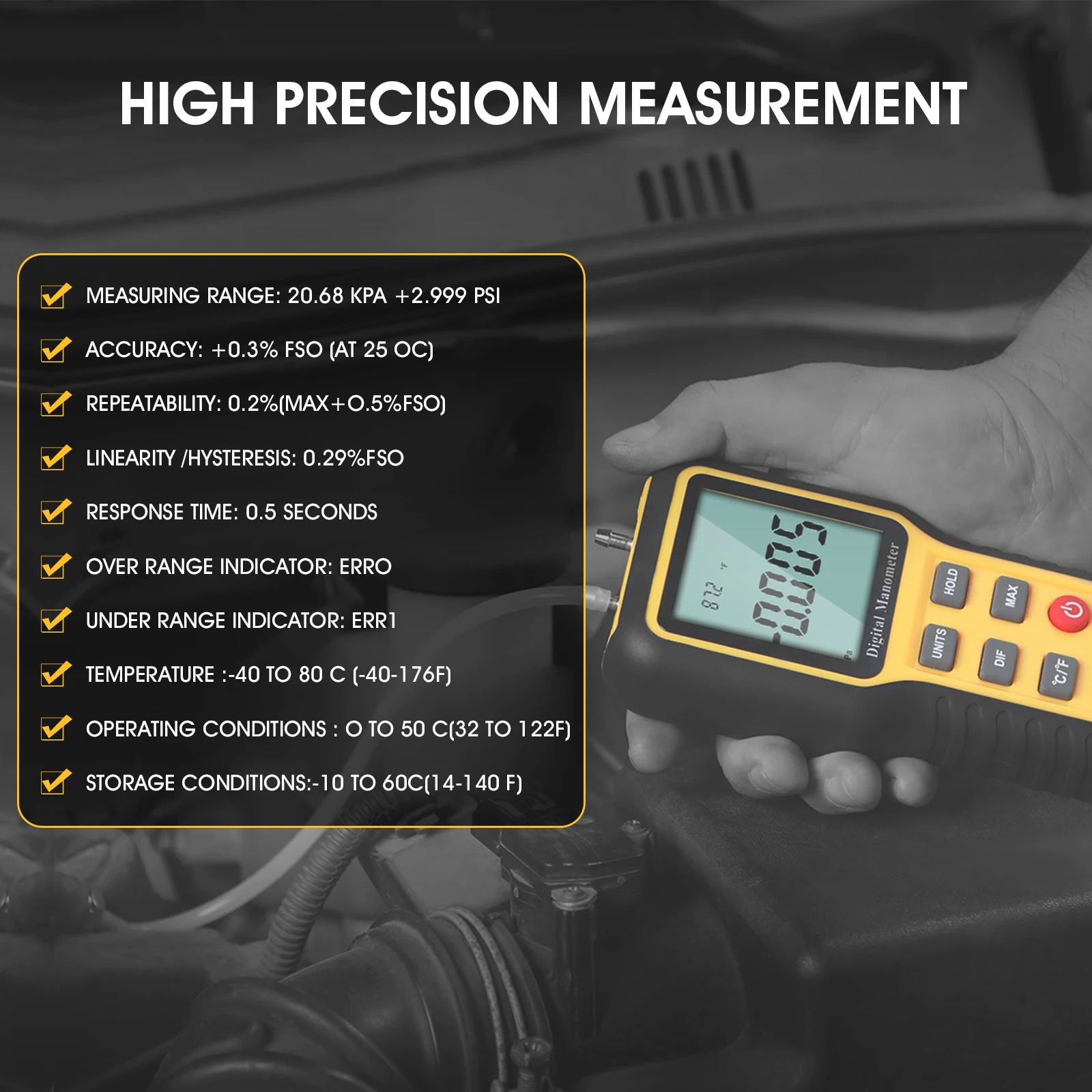 Фото Цифровой манометр QK-1201 ±2.999 psi, 15 единиц измерения, дифференциальный измеритель давления, регистратор данных, тестер газа для систем ОВКВ №1