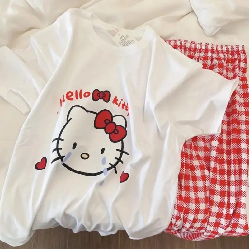 

Cartoon Hello Kitty New Pajamas Cotton Summer Sanrio Pachacco Kawaii Short Sleeve Pants Plaid Student Home Suit 2 Piece Set
