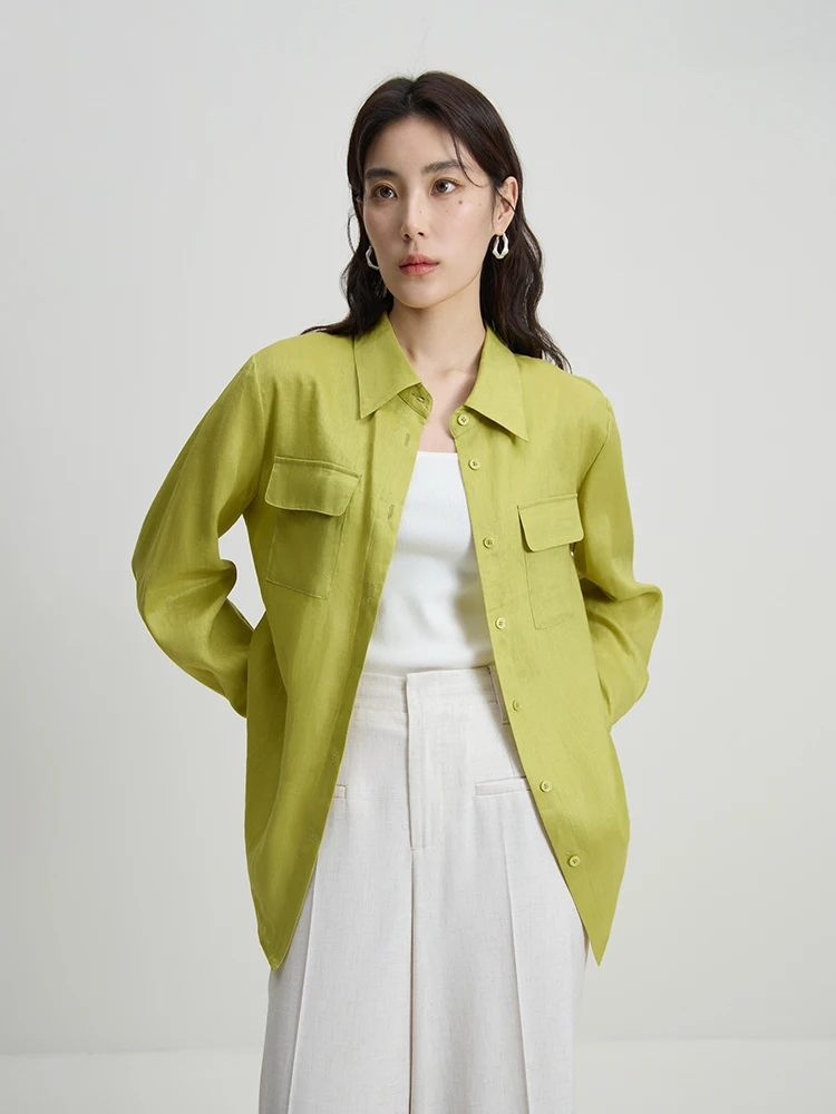 DUSHU 100% лен тонкая простая блузка с длинным рукавом воротник поло карманы