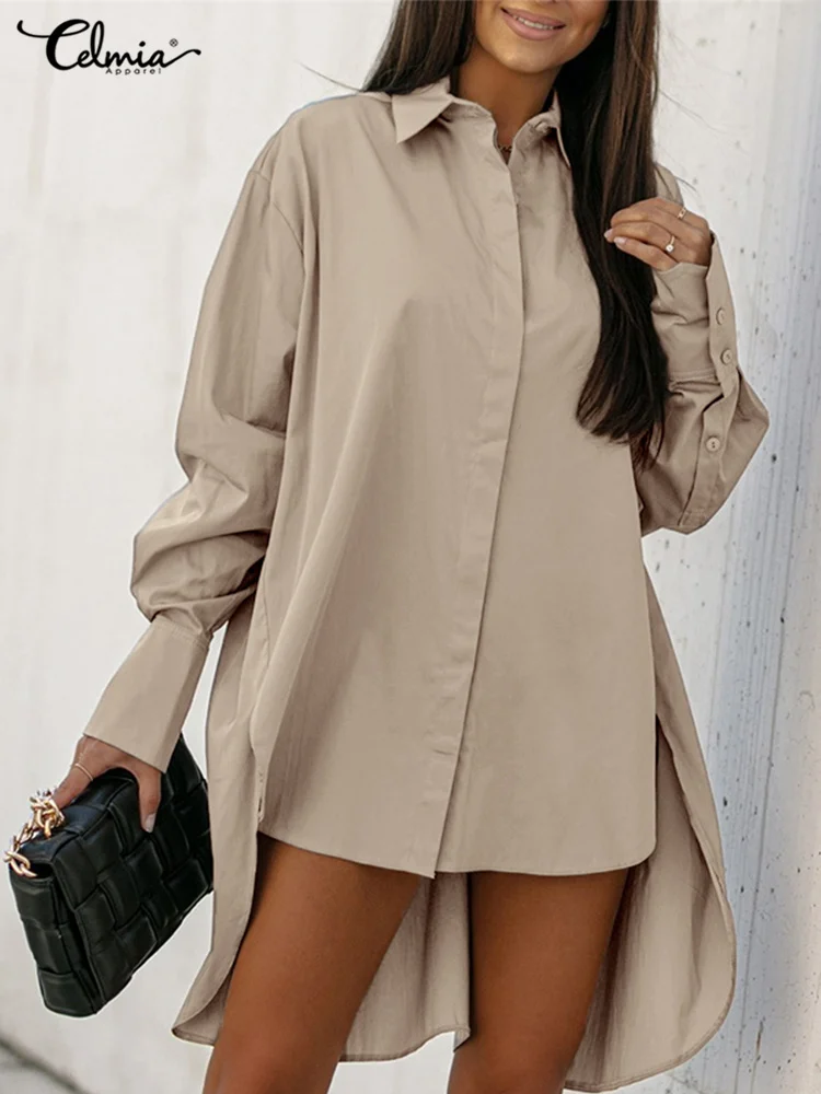 

Celmia женские длинные рубашки с лацканами, модные асимметричные топы с подолом, весна 2022, блузки с длинным рукавом и пуговицами, пикантные блу...