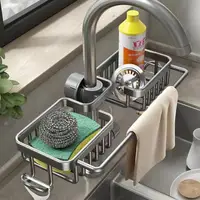 Aluminum Kitchen Sink Organizer Faucet Sponge Holder Caddy Rack Drainer with Hook Hanger Towel Bar Storage Black