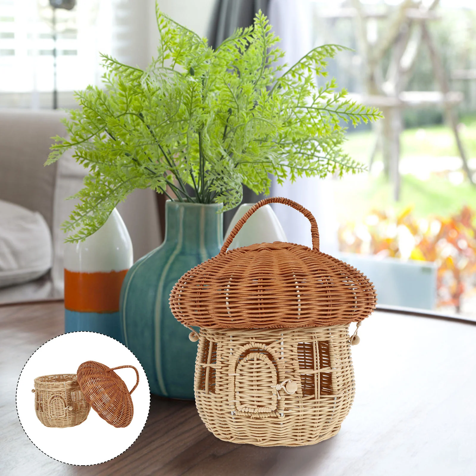 

Mini Trash Can Lid Rattan Mushroom Basket Desktop Adornment Fruits Vegetables Shopping