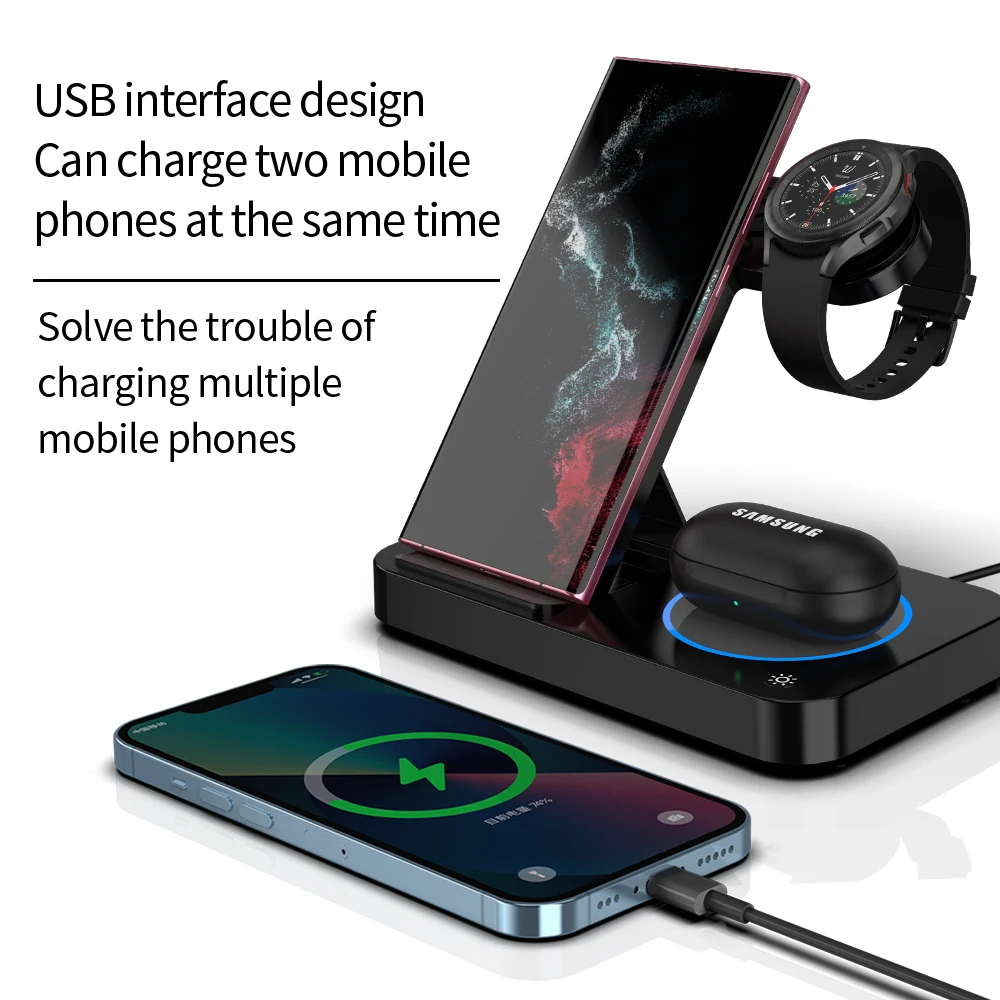 4 in 1 Wireless Charging Station For iPhone 13Pro Max For Samsung S22 Foldable 15W Charger Dock for Airpods Pro Galaxy Watch 4/3