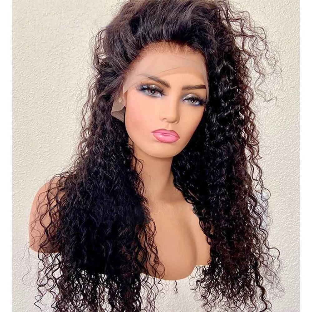 

26Inch Long Soft Preplucked Synthetic 180%Density Kinky Curly Lace Front Wig For Black Women With Baby Hair Heat Resistant Daily