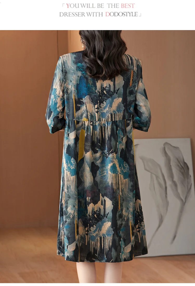 Special Promotion Silk Printing V-neck Ladies Dress 2022 Summer New Large Size Loose And Thin Casual Long Skirt Elegant Party |