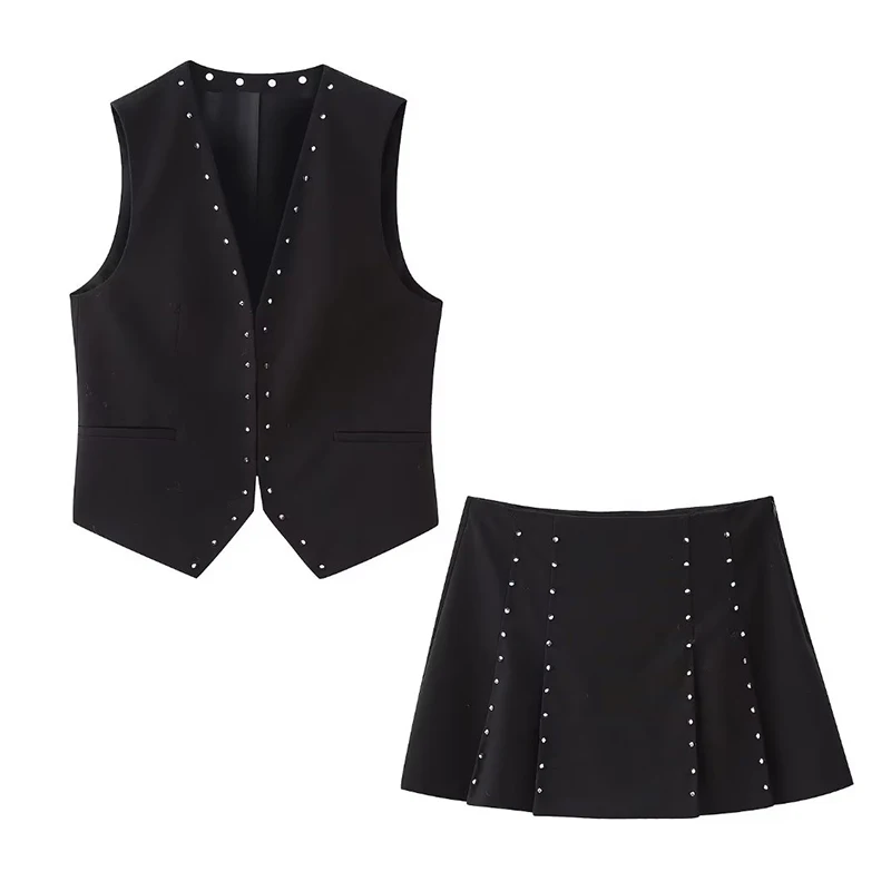 

TRAF Women's Skirt Sets Fashion Rivet Sleeveless Vest Women Suits New Wide Pleated Mini Skirt Autumn Black Women Outfit
