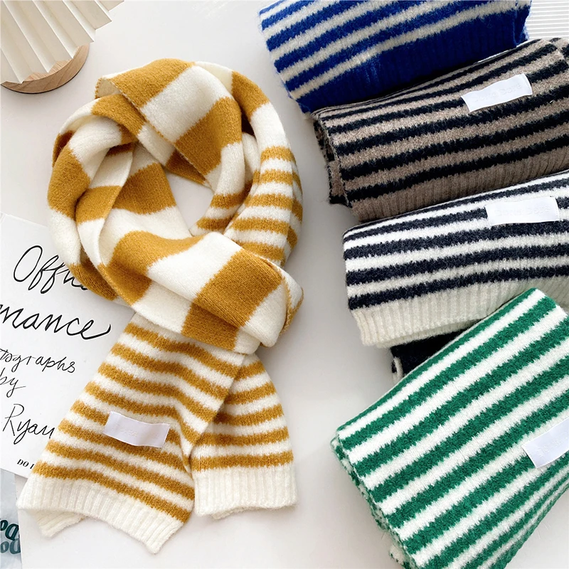 

Корейский модный вязаный шарф в полоску для женщин зимние толстые теплые шарфы на шею шейный платок ручной работы Универсальная мягкая шал...